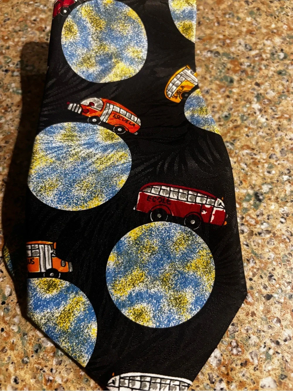 VTG novelty teacher necktie playful school bus and planetary print